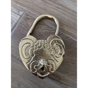 Brass Heart Shape Lock & Skeleton Key Pressed Gold XL Valetine's Day Decor 8"
